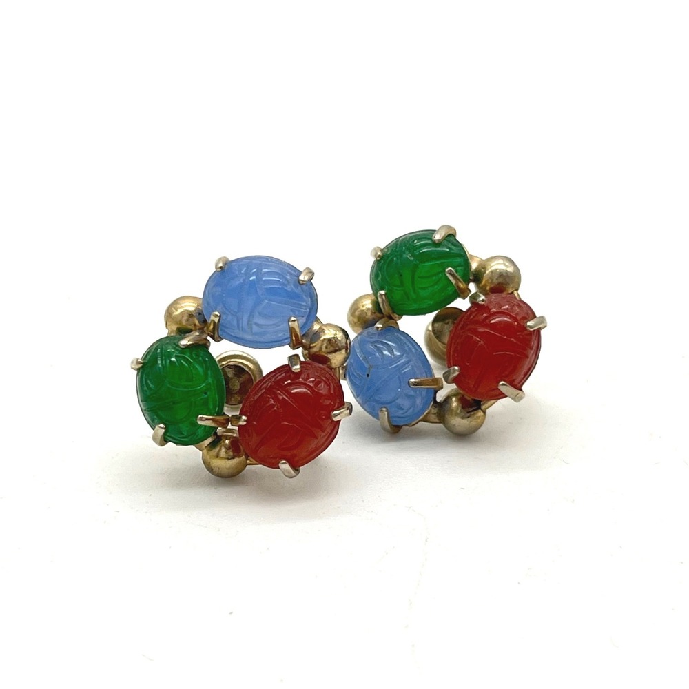 Vintage Multi Color Glass Scarab Screw Back Earrings Gold Tone Egyptian Revival